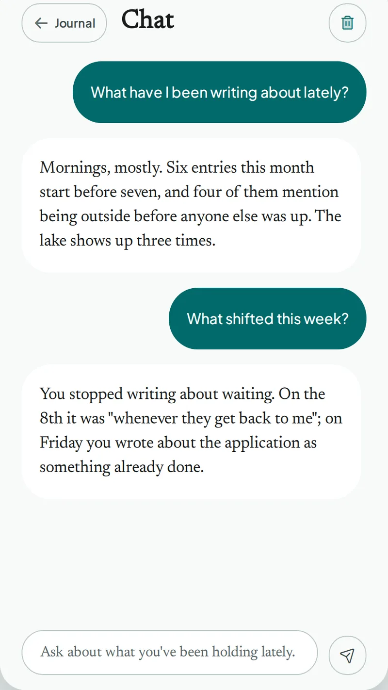 Journal chat answering a question from past entries, quoting their dates
